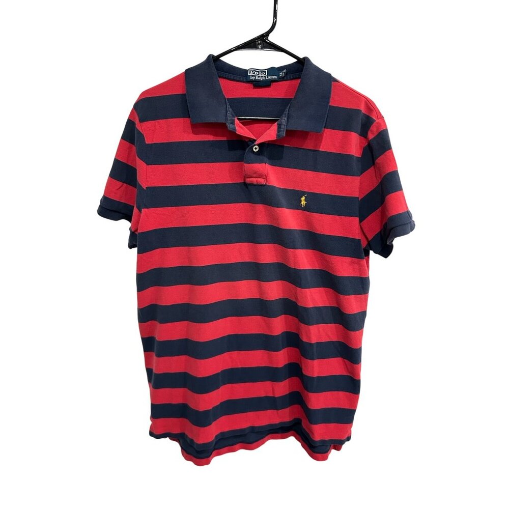 Polo By Ralph Lauren Mens Red & Navy Striped Custom Fit Cotton Polo Shirt XL